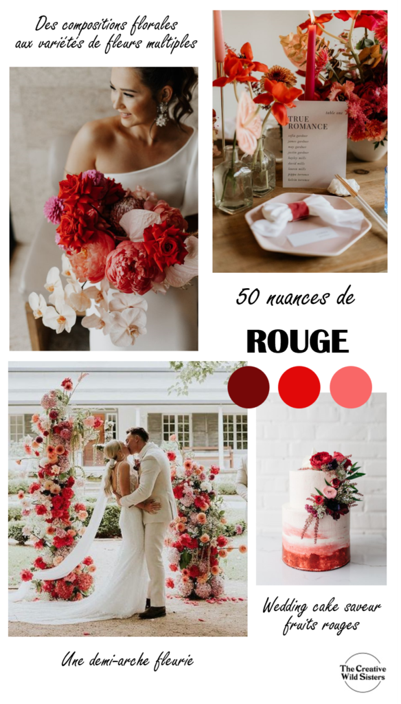 Vous aimez le rouge ?! Sachez que cette couleur n'est pas incompatible avec l'univers du mariage comme vous pouvez le voir sur ce moodboard ! Il est vrai que le rouge est plutôt synonyme de passion mais vous pouvez l'adoucir en optant pour des camaïeux de rouge soit vers le rouge clair et rose, soit vers les rouges foncés à bordeaux (pour un mariage d'hiver ces tons sont parfaits !).