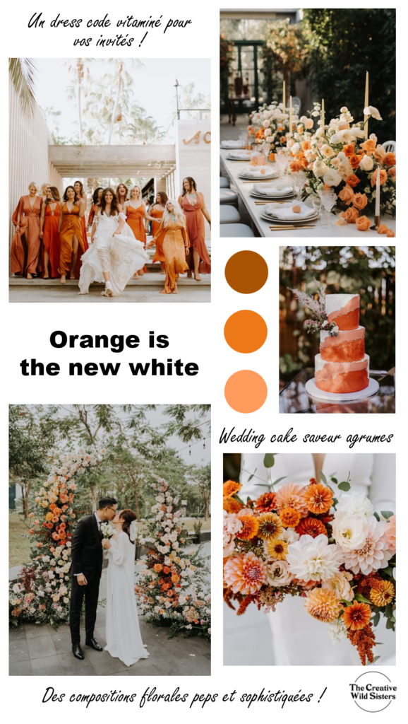 La couleur orange n'a pas toujours bonne presse, pourtant c'est une couleur vitaminée et joyeuse. Ajouter des touches orange à sa décoration de mariage donne donc du peps ! Pour les mariage d'été la couleur s'intégrera facilement pour donner une ambiance vraiment fraîche et estivale, et en automne un camaïeux d'orange chaud s'intégrera superbement bien à la végétation extérieur.